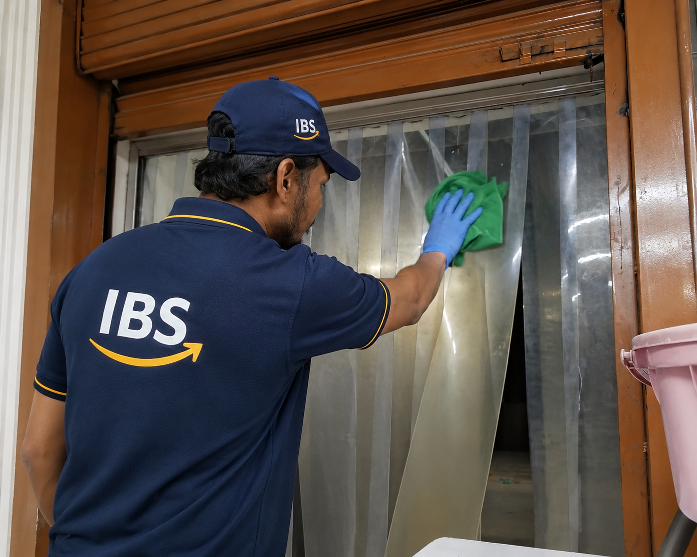 IBS uniformed staff wiping down a door frame